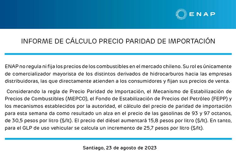 ENAP informa alza del precio de las bencinas