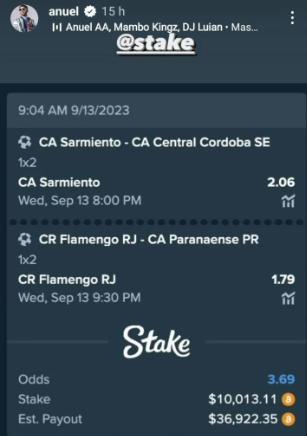 Anuel AA perdió 10 mil dólares tras apostar a Sarmiento y Flamengo.