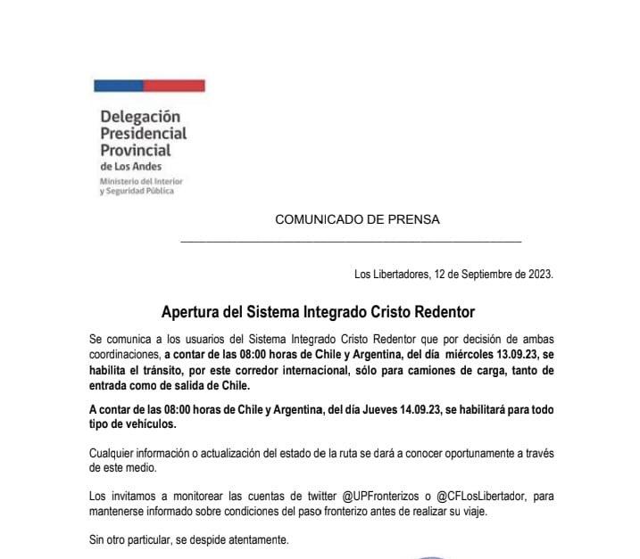 Comunicado por Paso Fronterizo Los Libertadores
