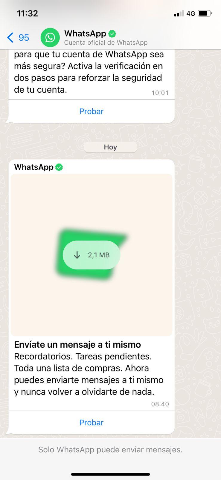 ¡Al fin! Whatsapp activa la opción para que los usuarios chateen consigo mismos