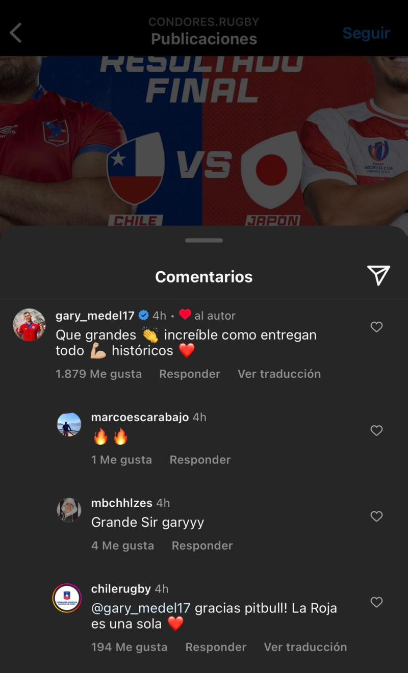 Gary Medel celebró el debut de los Cóndores en el Mundial de Rugby - Créditos: Instagram