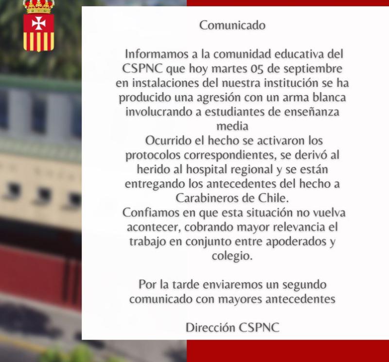 Comunicado por alumno apuñalado en Concepción