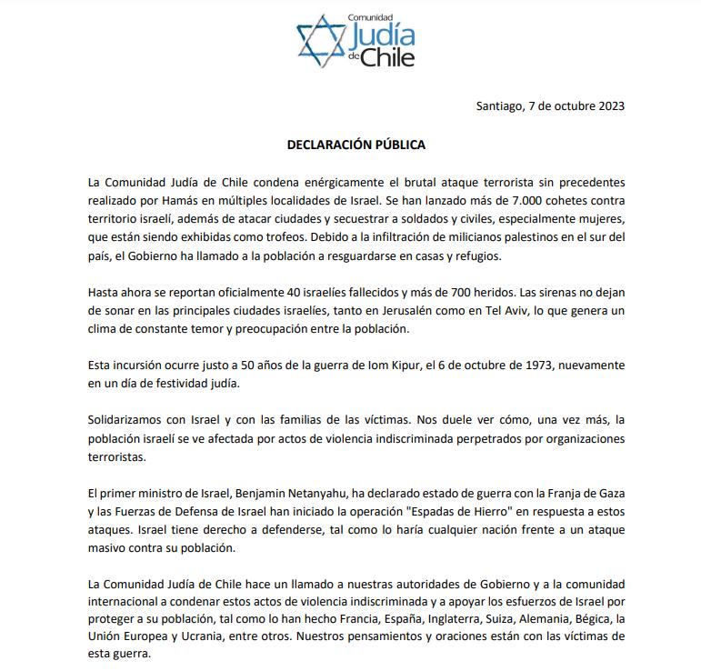 Declaración Pública de la Comunidad Judía de Chile sobre el brutal ataque de Hamás en contra de Israel.