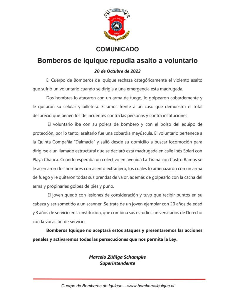 X @BomberosdeChile - Bombero fue agredido en Iquique