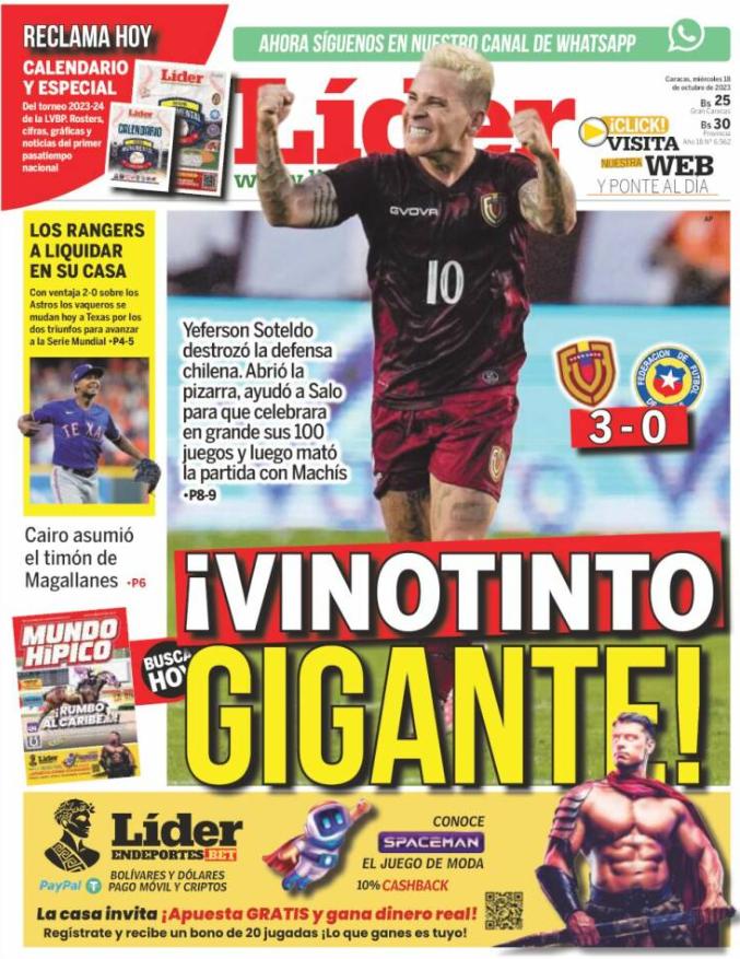 Portada del diario Líder resalta triunfo de Venezuela.