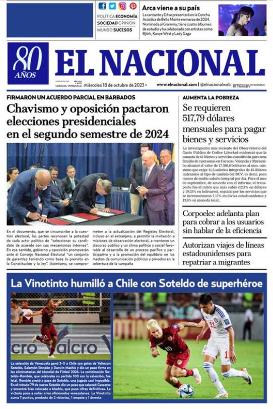 Portada de El Nacional, diario de Venezuela.