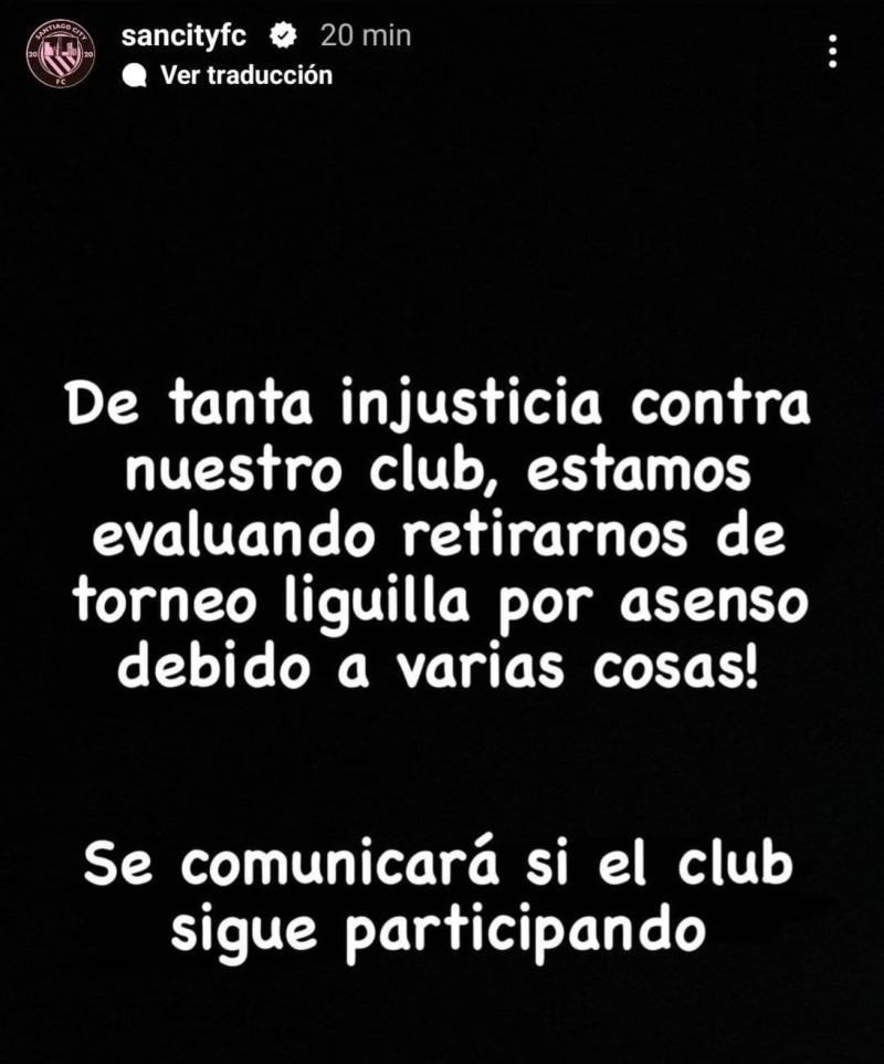 Santiago City amenazó con retirarse del torneo de Tercera A. / Foto: Instagram