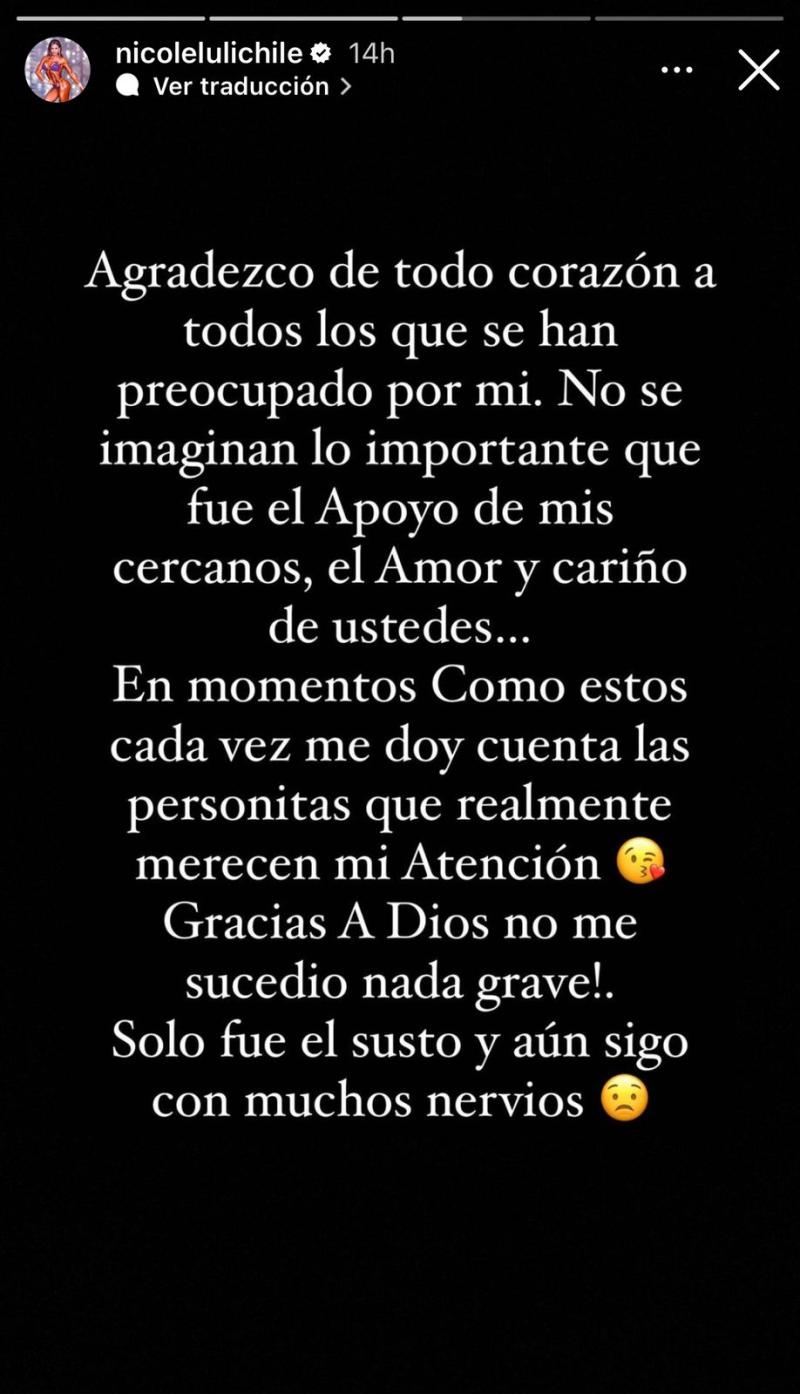 Instagram (@nicolelulichile) - Mensaje de Luli por accidente de tránsito