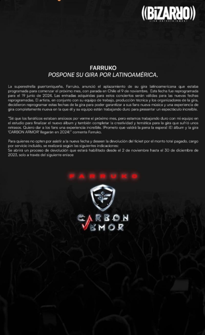 Bizarro - Comunicado sobre gira de Farruko.