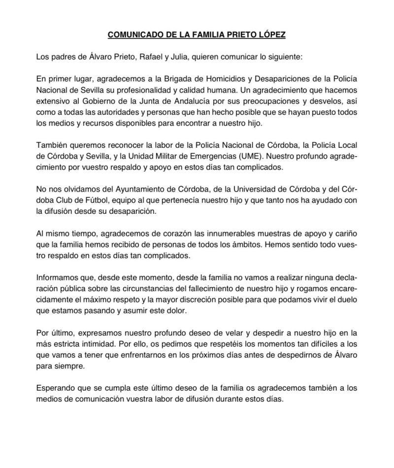 X - Comunicado de la familia de Álvaro Prieto