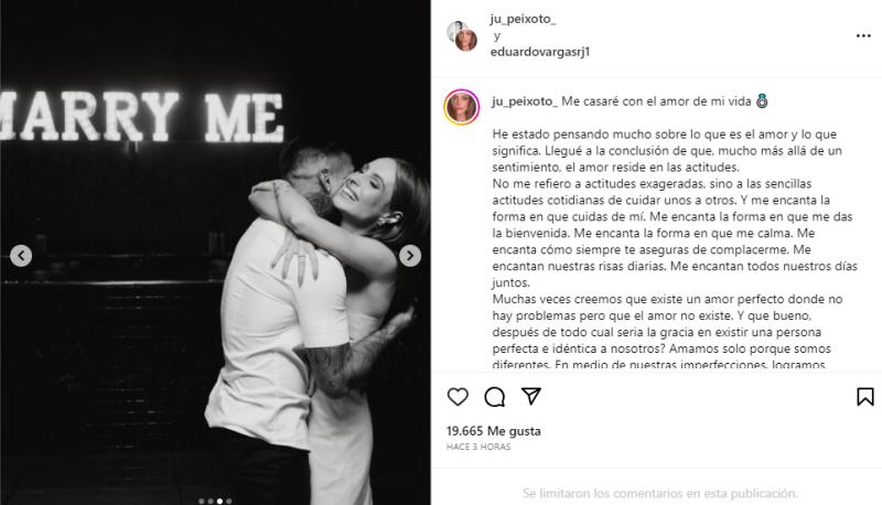 Jualiana Peixoto dedicó románticas palabras a Eduardo Vargas, quien se convertirá en su esposo.