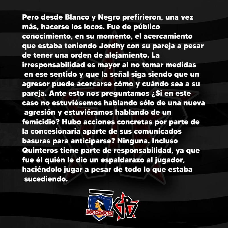 Comunicado de la Garra Blanca por caso de Jordhy Thompson - Créditos: Instagram