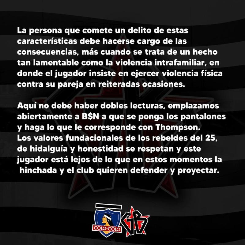 Comunicado de la Garra Blanca por caso de Jordhy Thompson - Créditos: Instagram