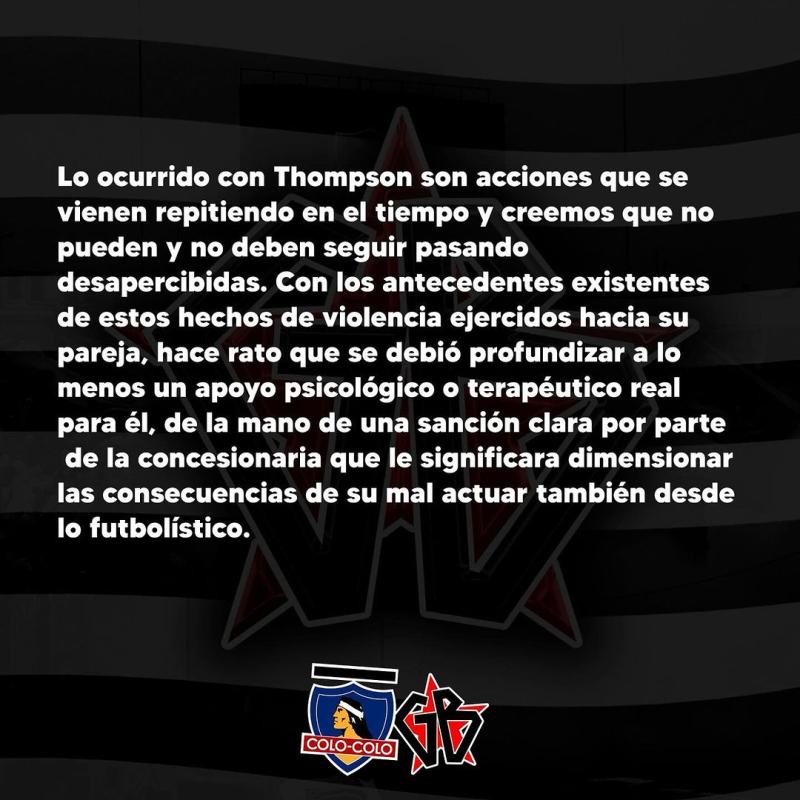 Comunicado de la Garra Blanca por caso de Jordhy Thompson - Créditos: Instagram