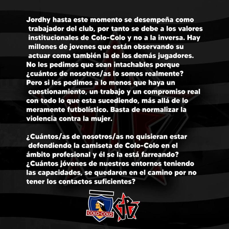 Comunicado de la Garra Blanca por caso de Jordhy Thompson - Créditos: Instagram