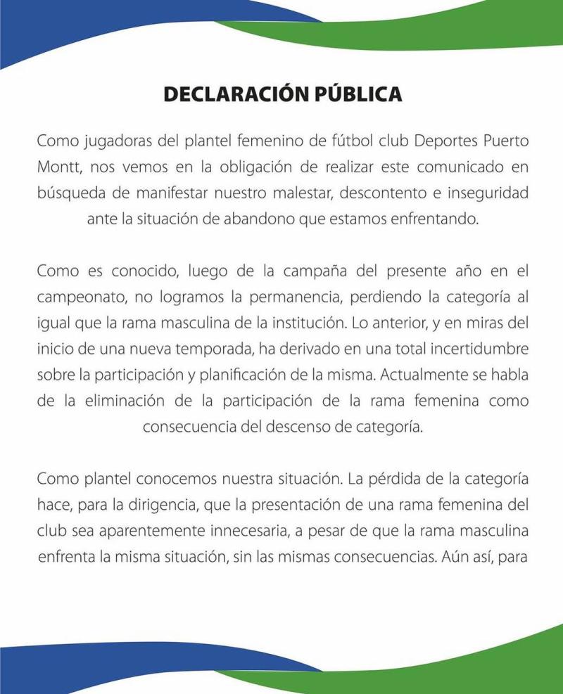 Este es el comunicado que las jugadoras de Deportes Puerto Montt compartieron en redes sociales - Créditos: Instagram