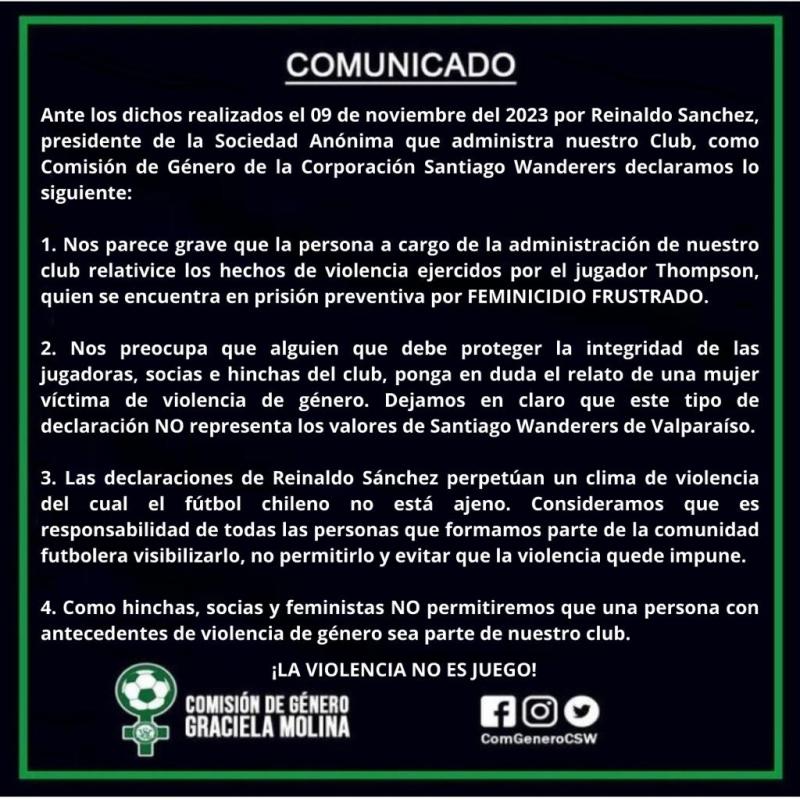 X - Comisión de Género de Santiago Wanderers critica dichos de Reinaldo Sánchez