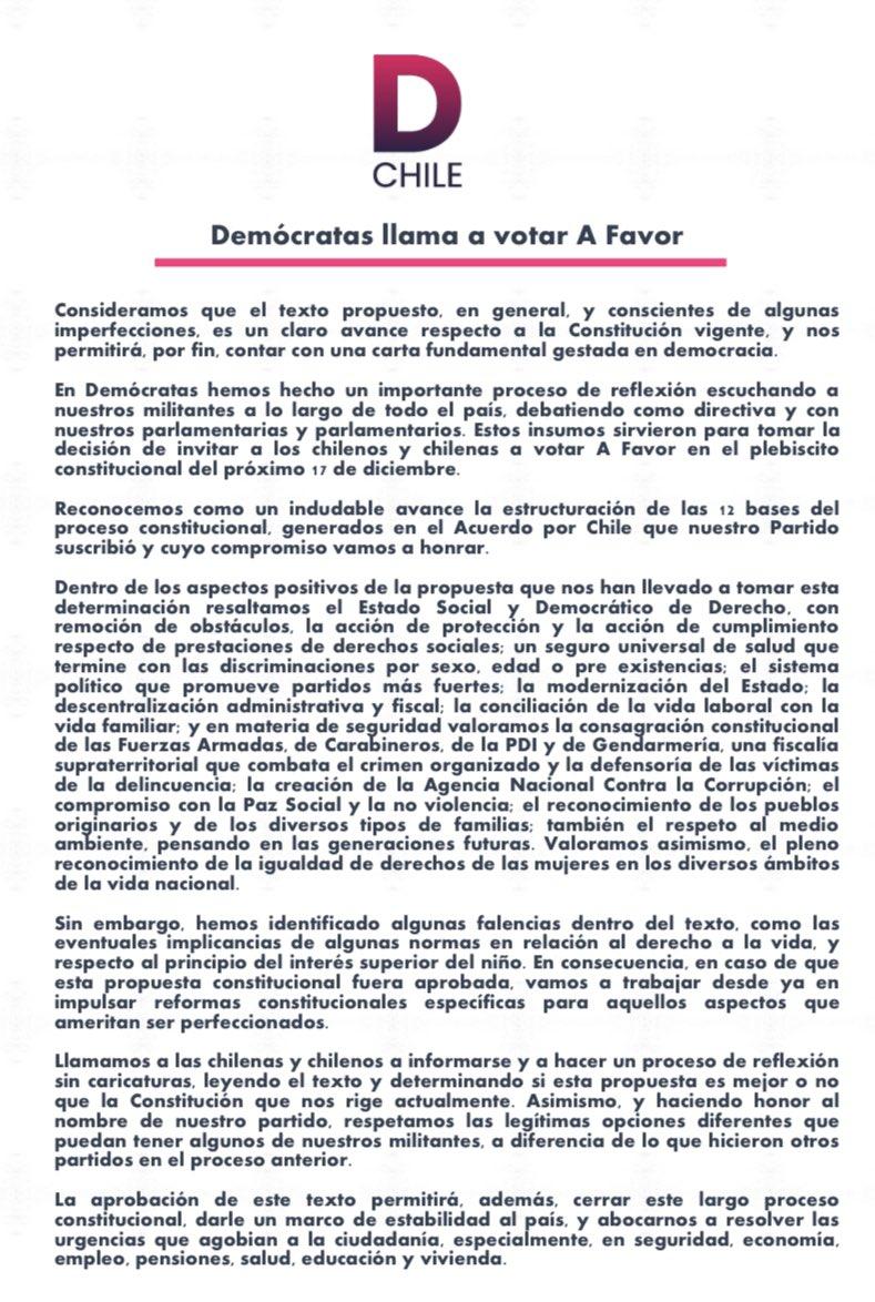 X - Demócratas llama a votar "A Favor" de la nueva Constitución
