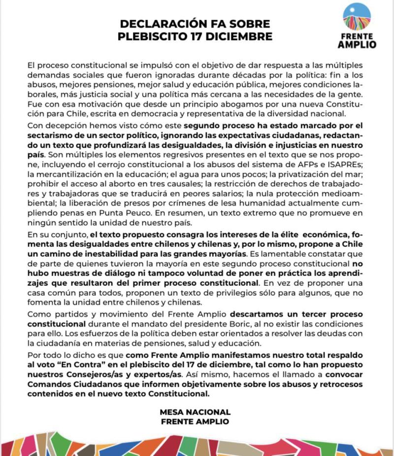 T13 - Frente Amplio llama a votar "En Contra" de nueva Constitución