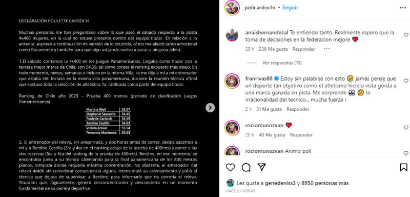 El reclamo de Poulette Cardoch contra el entrenador de relevo en Santiago 2023.