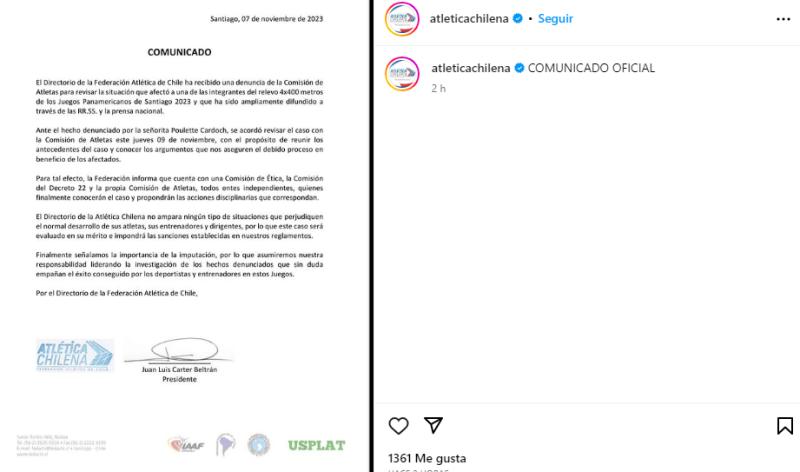 Comunicado de la Federación Atlética de Chile tras la denuncia de Poulette Cardoch.