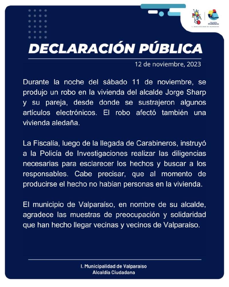 Municipalidad de Valparaíso por robo a casa del alcalde Jorge Sharp