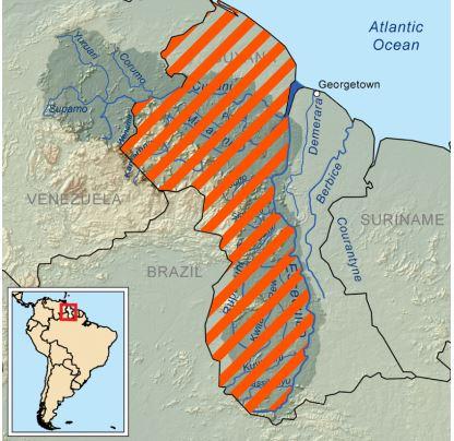 Mapa de la Guayana Esequiba, al este de Venezuela y al oeste de Guyana.