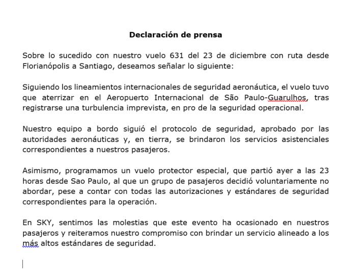 Comunicado de SKY por alumnos varados en Brasil
