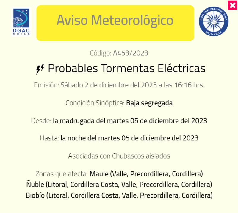 Aviso meteorológico sobre probables tormentas eléctricas