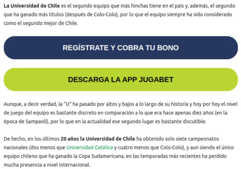 La lapidaria descripción de JugaBet a la U de Chile. (www.jugabet.cl)