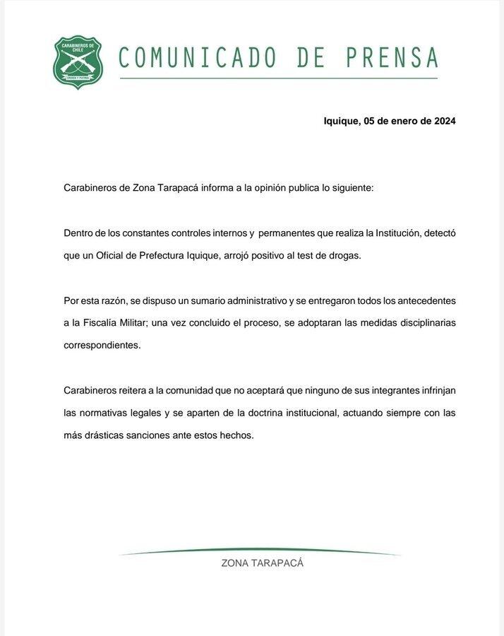 Comunicado por carabinero y test de drogas
