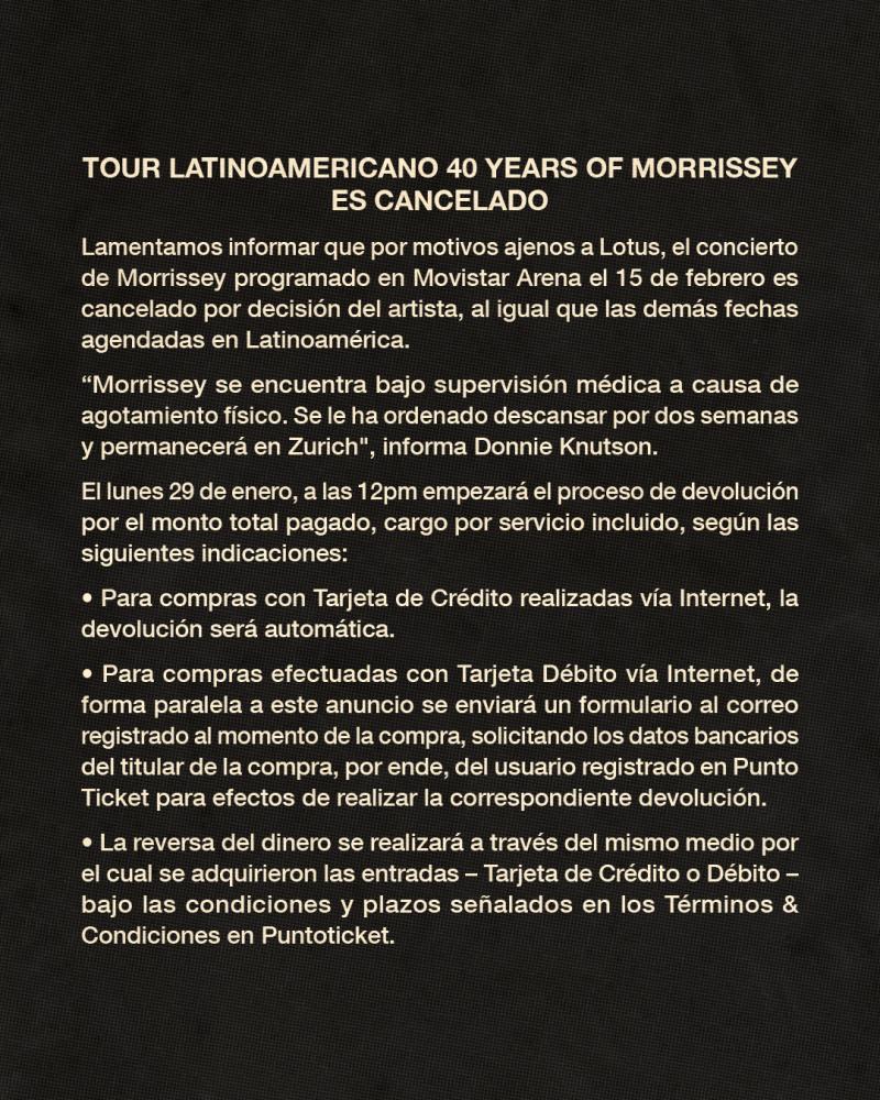 Lotus - Morrissey cancela show en Chile