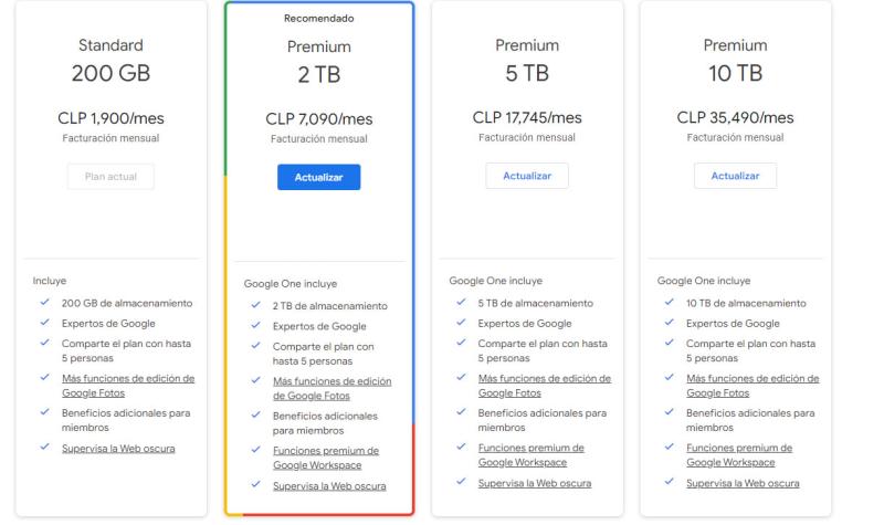 Planes mensuales Google One