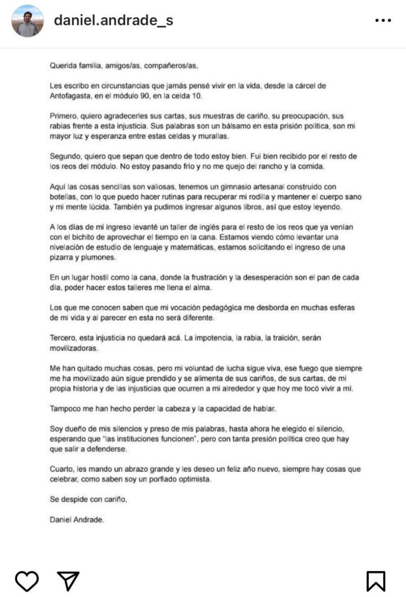 Instagram - La carta de Daniel Andrade desde la cárcel