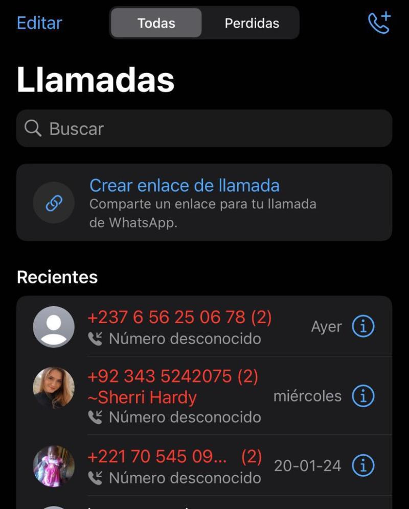 Ejemplo de llamadas de números desconocidos en WhatsApp