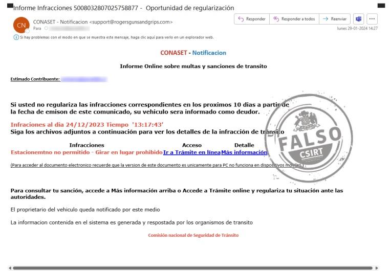 Correo electrónico falso que suplanta a Conaset
