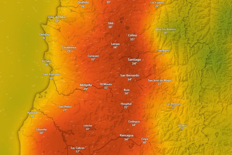 Windy.com - El calor en la región Metropolitana a las 16:00 horas