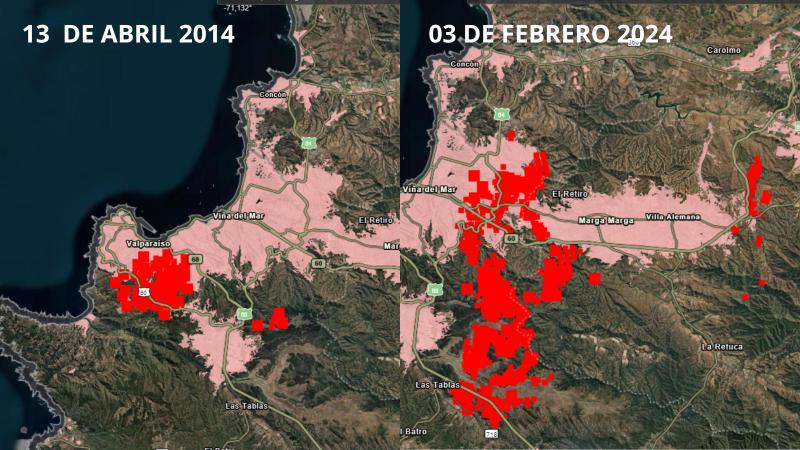 Comparación térmica de los dos grandes incendios forestales de Valparaíso