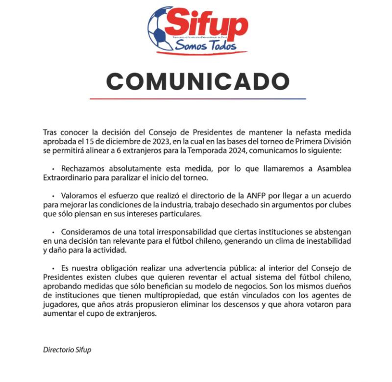 El comunicado del Sifup - Crédito: @Sifup.