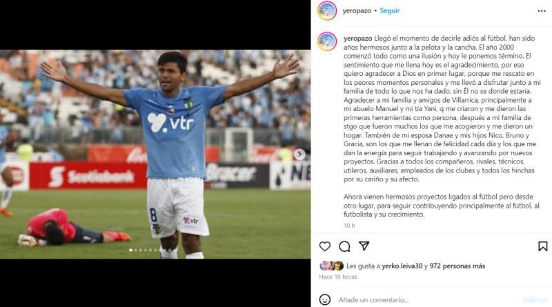Yerson Opazo emocionó al fútbol chileno tras anunciar su retiro - Crédito: @yeropazo