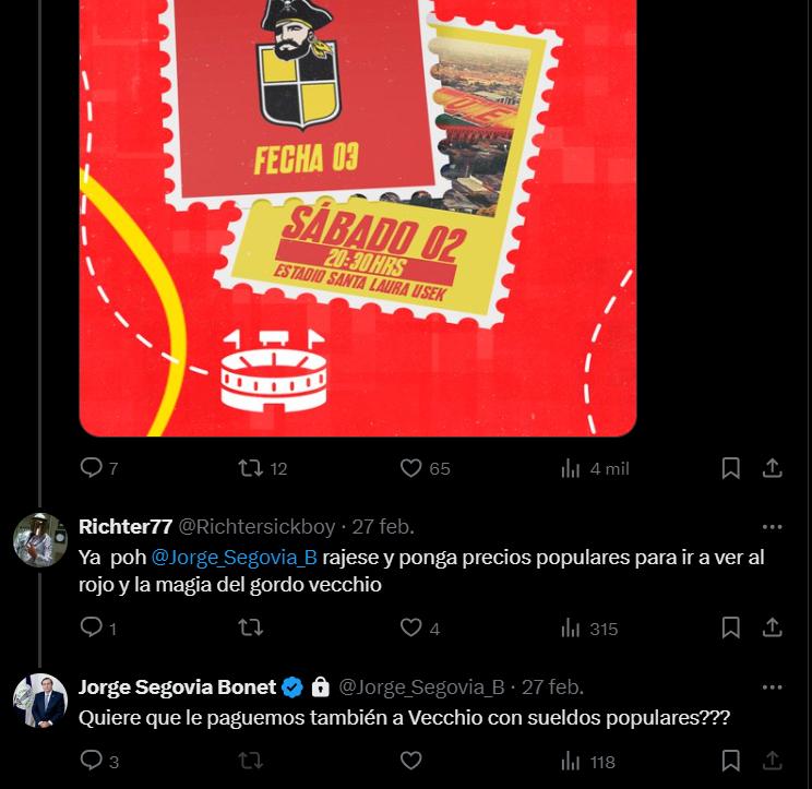 Jorge Segovia le respondió a hincha de Unión Española que pidió precios populares - Crédito: Captura.