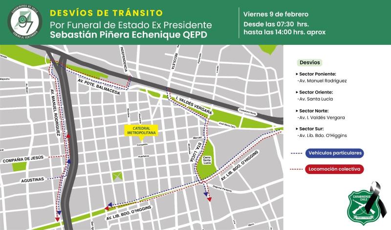 Carabineros - Desvíos de tránsito por funeral del ex Presidente Sebastián Piñera