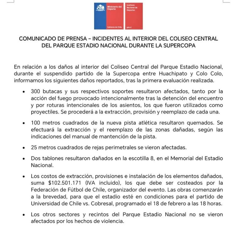 El comunicado del Gobierno por los daños al Estadio Nacional en la Supercopa - Crédito: Captura X