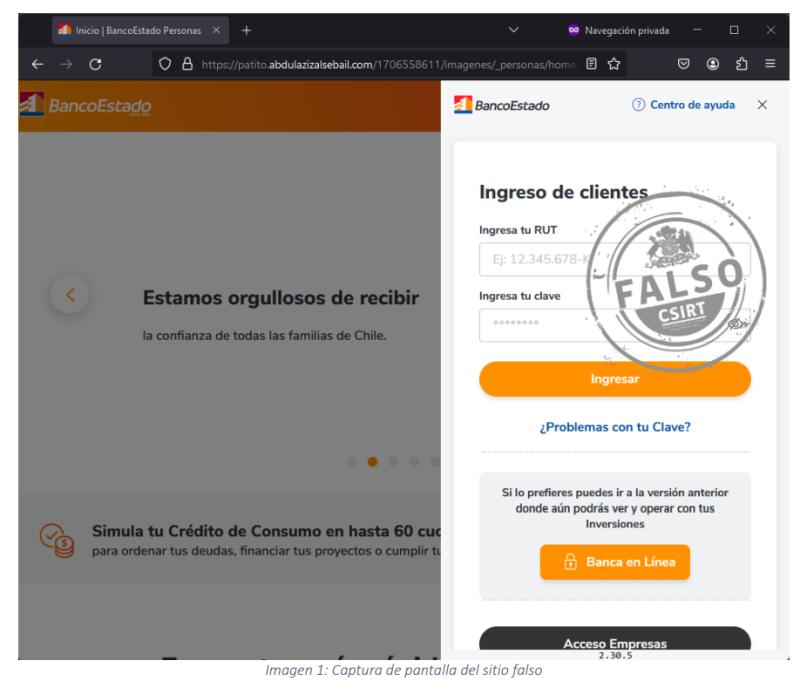 Sitio falso de BancoEstado, pantallazo de CSIRT