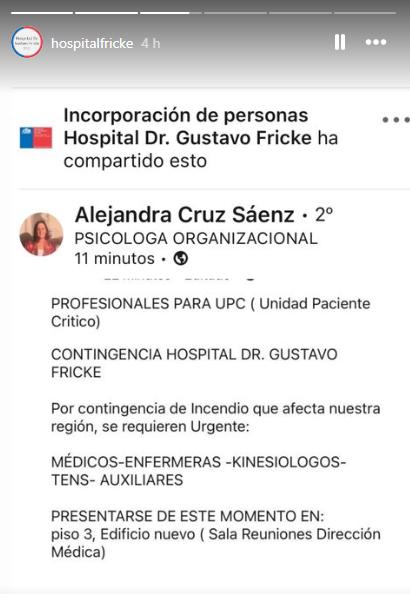 Instagram @hospitalfricke - Hospital Gustavo Fricke busca a profesionales de la salud por contingencia de incendios