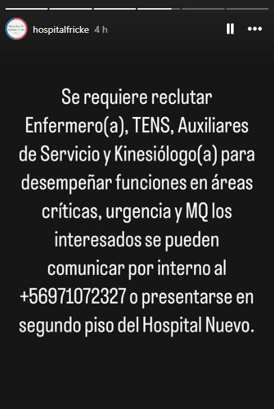 Instagram @hospitalfricke - Hospital Gustavo Fricke busca a profesionales de la salud por contingencia de incendios
