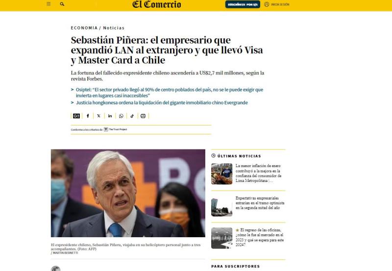 Captura - Así reaccionó El Comercio por la muerte de Sebastián Piñera