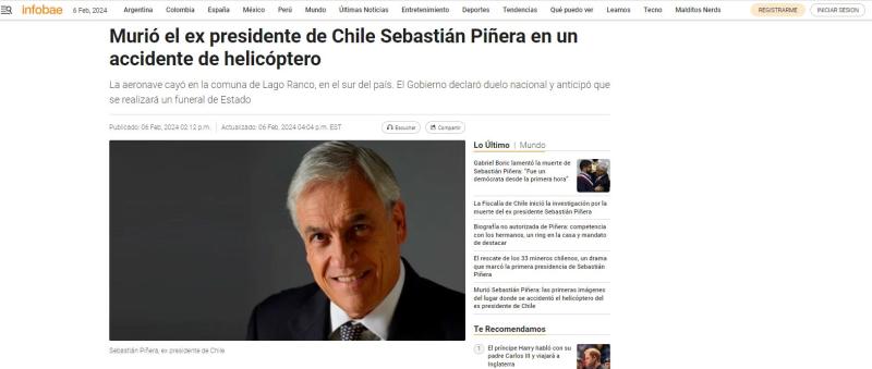 Captura - Así reaccionó Infobae por la muerte de Sebastián Piñera