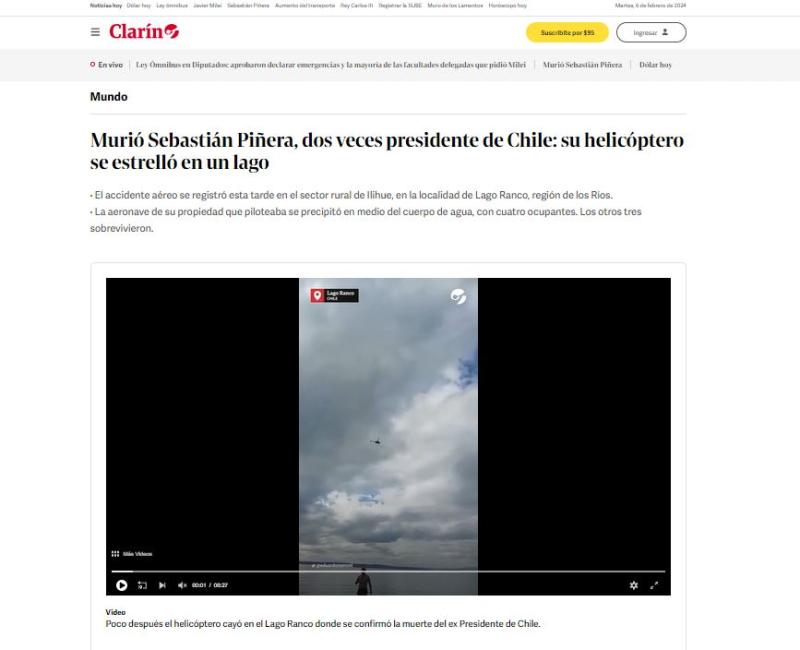 Captura - Así reaccionó Clarín por la muerte de Sebastián Piñera