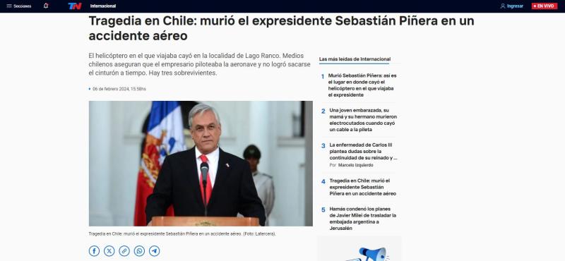 Captura - Así reaccionó TN por la muerte de Sebastián Piñera